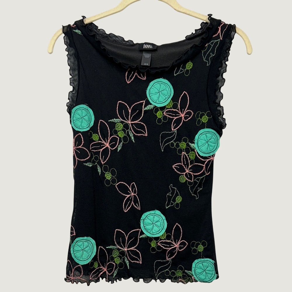 Y2K Donna Mesh Tank Top Lime Citrus Floral Embroidery Lettuce Edge Black M